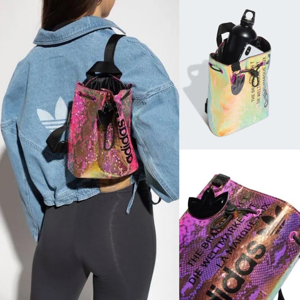 ADIDAS Luxe Iridescent Snakeskin Drawstring Mini Bucket Backpack